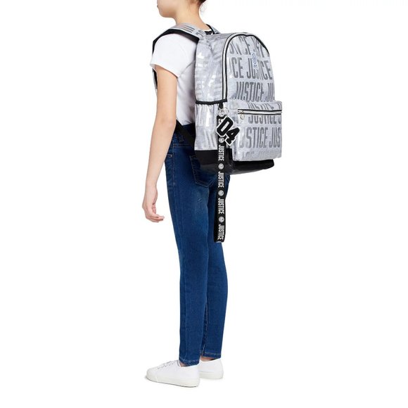 Justice Girls 17" Laptop Backpack with Lanyard Metallic Print Silver Grey - Picture 4 of 4